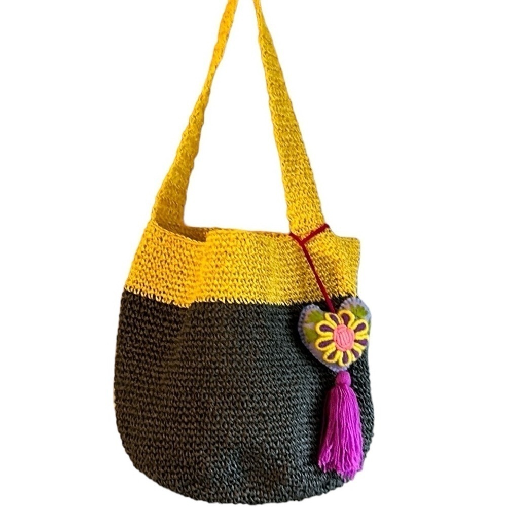 Woven Straw Bucket Bag with Shoulder Strap in Gray and Yellow with Tassel